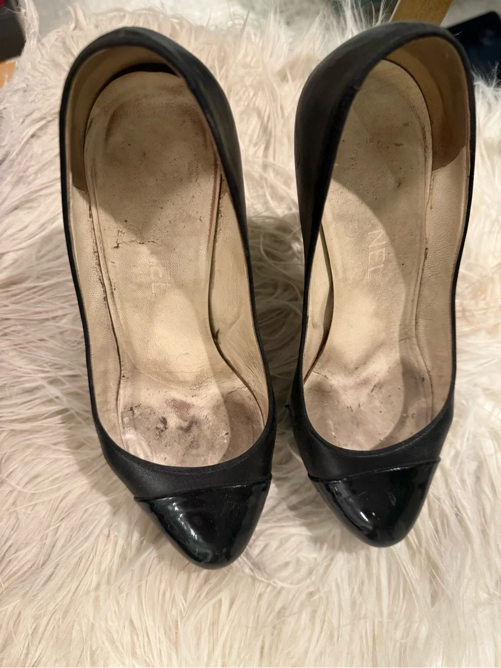 CHANEL Black Leather and Patent Cap-Toe High Heel Pumps